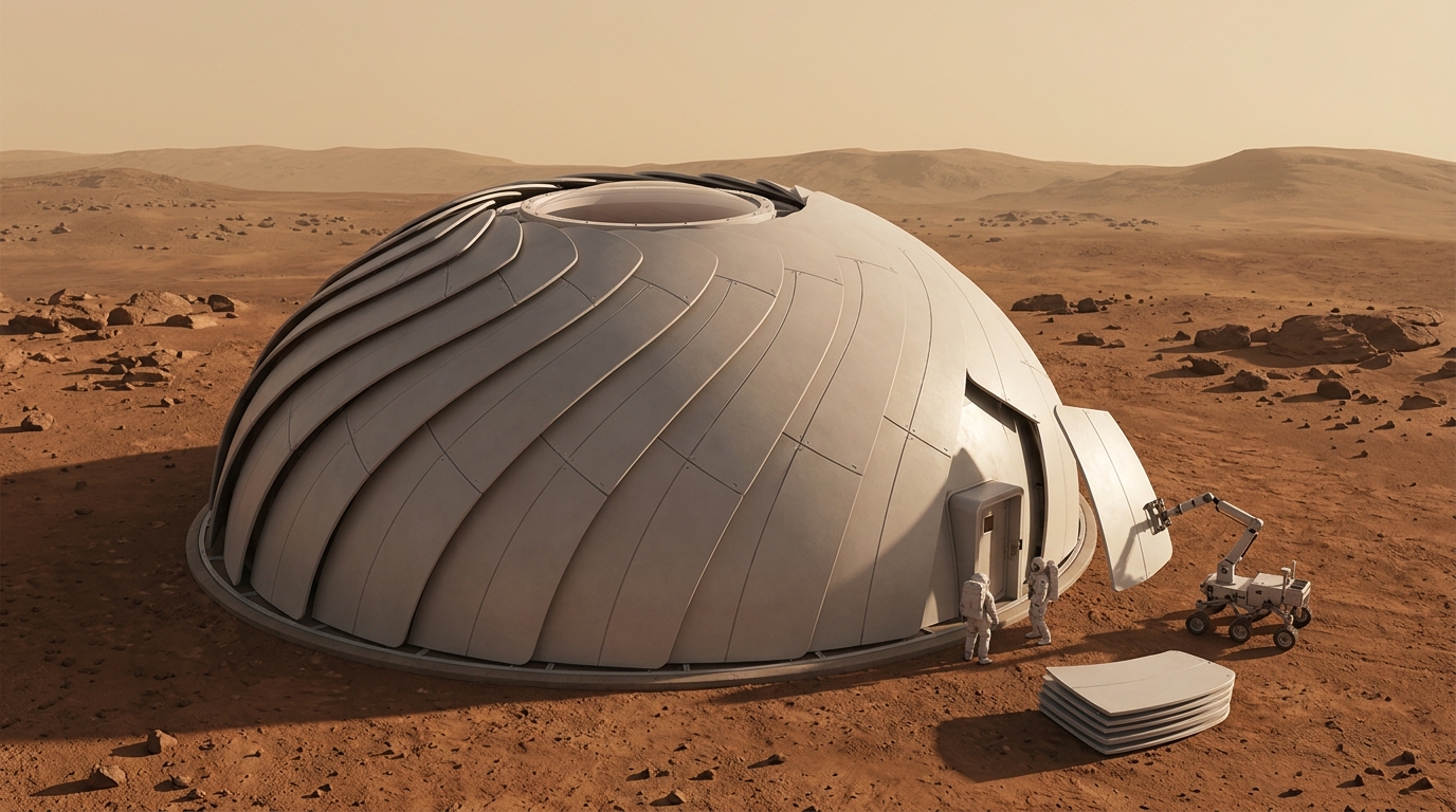 Mars Lotus habitat — a spiral dome assembled from identical petal-shaped panels on the Martian surface