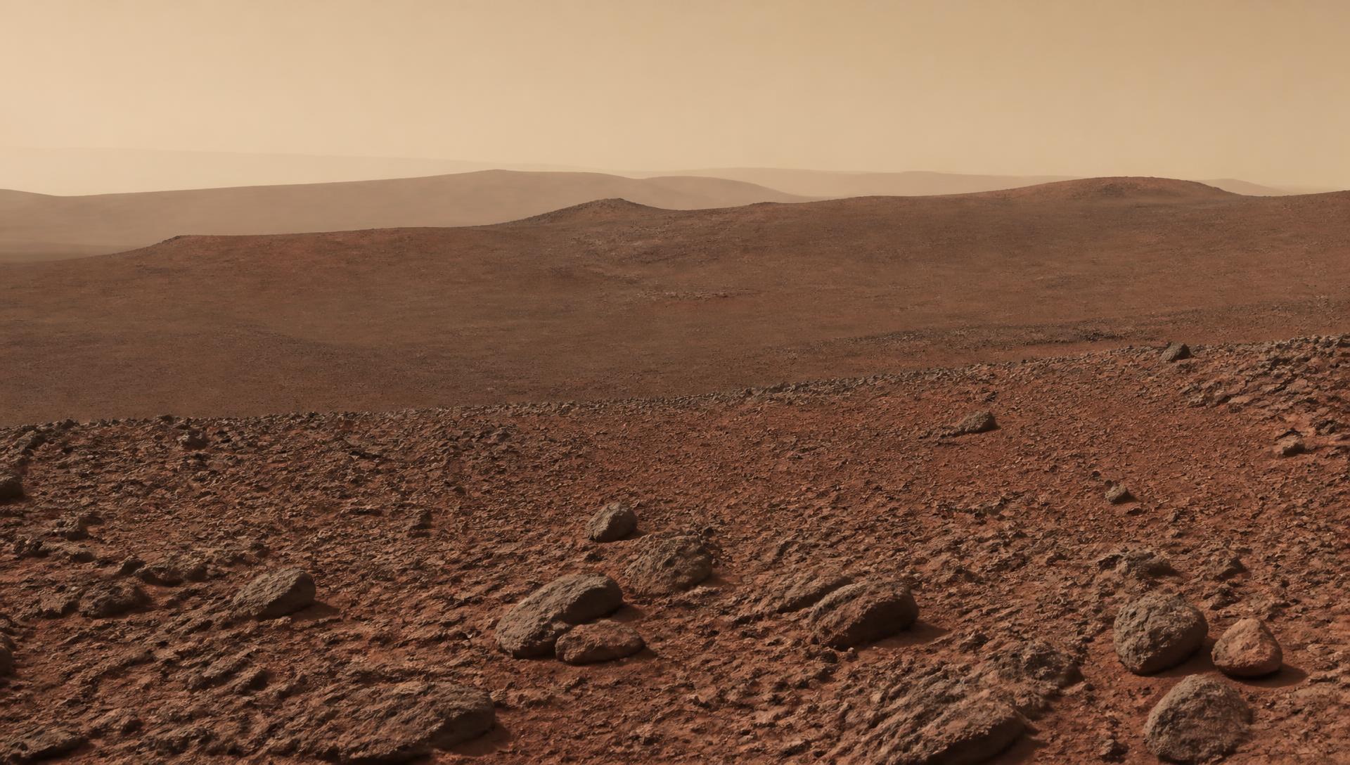 NASA photograph of the Martian surface, rocky red terrain under a dusty sky